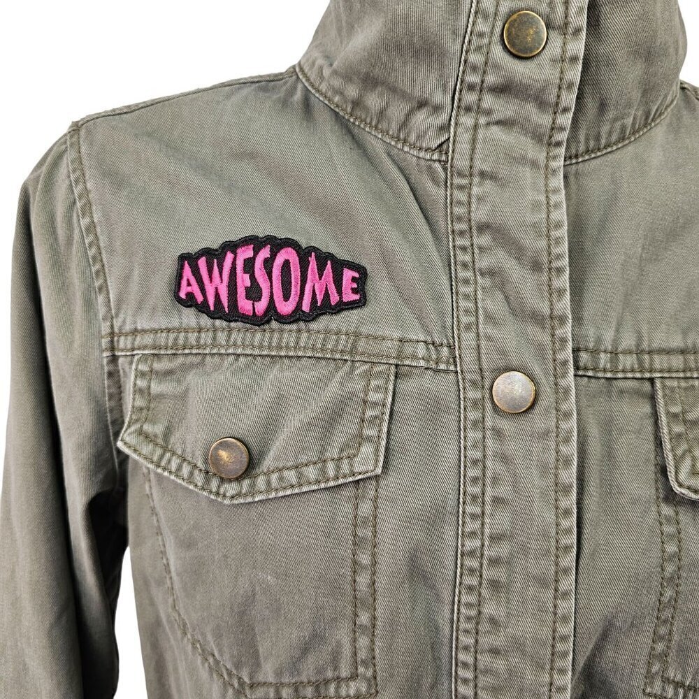 Cat & Jack Girls Military Style Jacket Snap Close Emoji Patch 4 Pocket XL Green